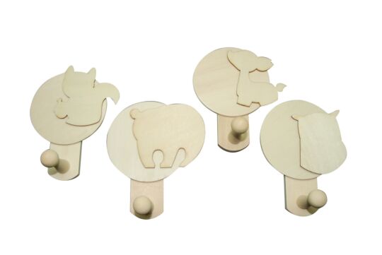 Garderobenhaken aus Holz Tiermotive, 12 x 8 cm